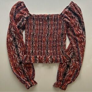 Leyden Rust Multi Smocked Square Neck Puff Sleeve Crop Blouse Long Sleeve Size M